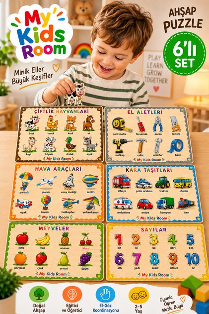6-Piece Wooden Puzzle Set Educational Learning Find & Match Jigsaw Farm Animals Hand Tools Air Vehicles Land Vehicles Fruits Numbers