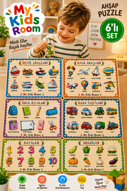 6-Piece Wooden Puzzle Set Educational Learning Find & Match Puzzle Sea & Air Vehicles School Items Land Vehicles Numbers Vegetables