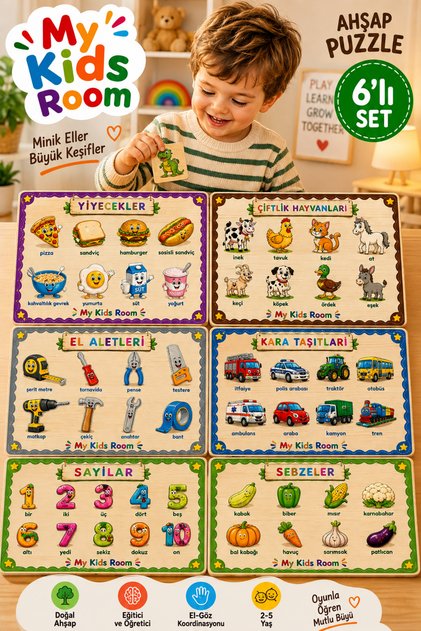 6-Piece Wooden Puzzle Set Educational Learning Find & Match Puzzle Foods Farm Animals Hand Tools Vehicles Numbers Vegetables