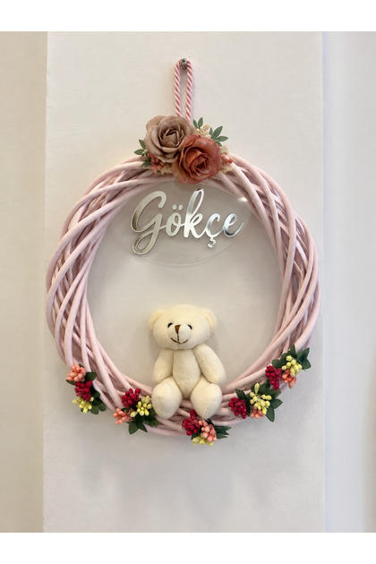 Kişiye Özel İsimli Yeni Doğan Bebek Hastane Kapı Süsü – Ayıcıklı Pembe Çelenk