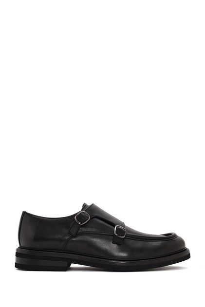 Men's Black Double Buckle Leather Casual Shoes Wm820006Dv