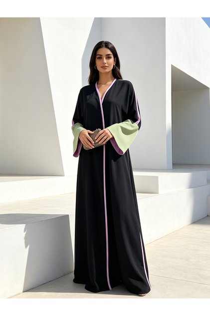 Stylish Abaya Robe with Featured Patchwork Sleeves and Cardigan Coat