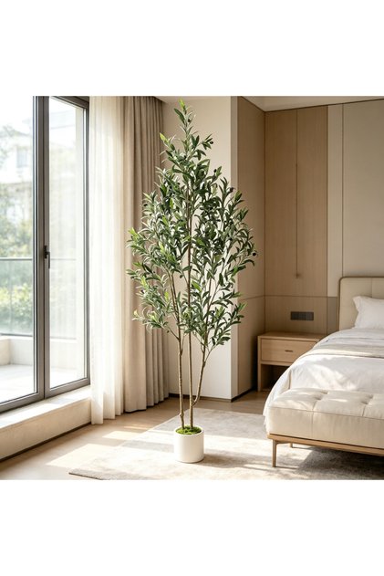 6FT 182cm Artificial Double‑Trunk Olive Tree, Faux Floor Potted Plant with Faux Olives, White Pot with Artificial Moss, Stable Cement Base for Living Room & Hallway Decor