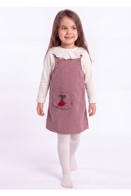 Girl's Cherry Detailed Velvet Gilet, Scallop Collar, Long Sleeve, Double Set, Seasonal and Winter Pink Salopet Dress (2-3-4-5 Years)