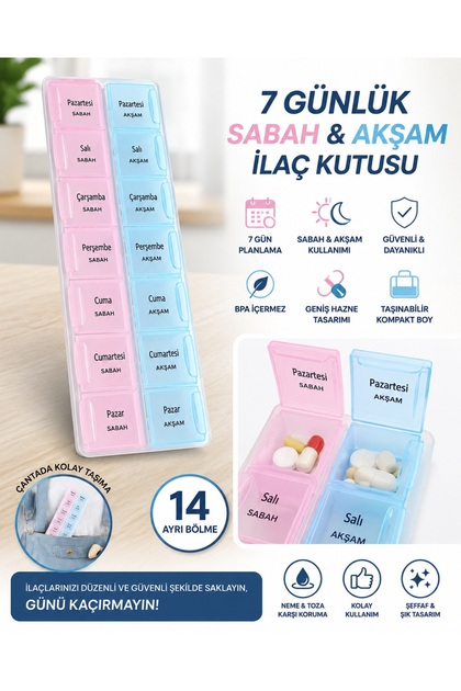 7 Günlük Sabah Akşam İlaç Kutusu 14 Bölmeli Haftalık Hap ve Tablet Düzenleyici