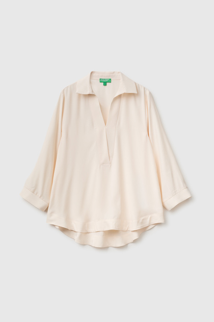 Women's Cream Soft Textured Polo Collar Long Sleeve Blouse