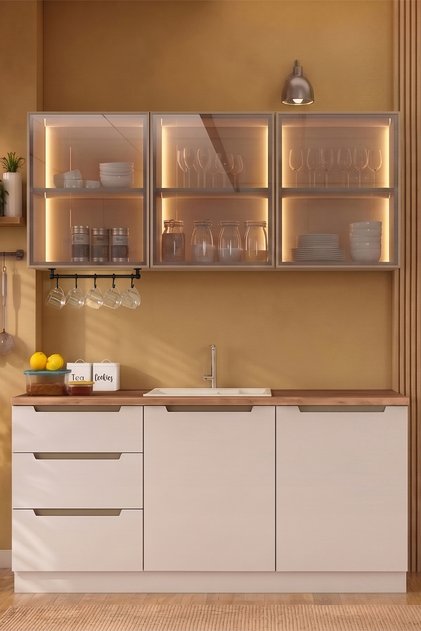 Hera 180 cm Mutfak Dolabı Seti %100 MDF Ledli Çekmeceli Lavabolu Raflı Mutfak Dolabı Takımı 6 Modül Tezgah Dahil Bej