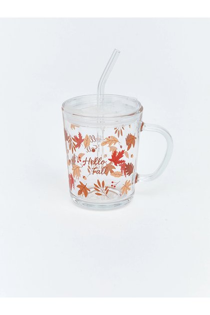 Lcw Home Mixed Flower Printed Glass with Straw 400 ml