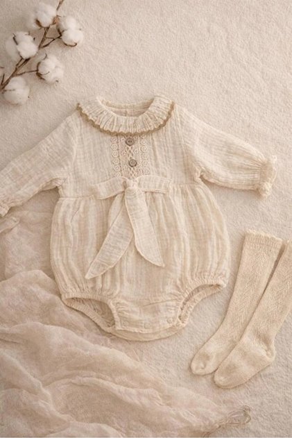 Minicyzn 1090 Baby Cream Muslin Jumpsuit with Ribbon and Laced Socks