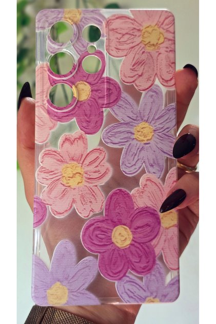 Samsung Galaxy S25 Ultra Compatible Camera Protected Pastel Colored Flowers Pattern Transparent Phone Case