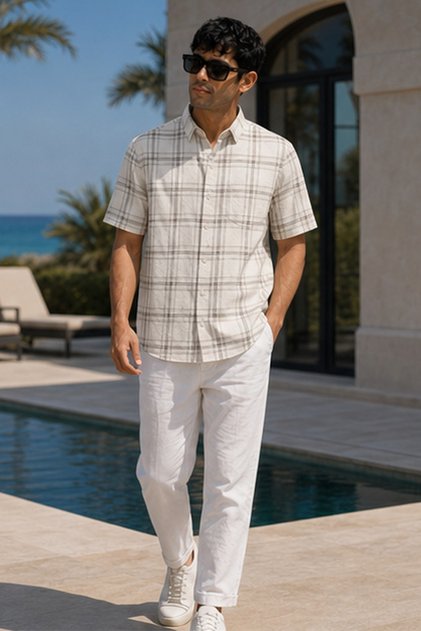 Men's Regular Fit Checked Short-Sleeve Shirt - Cream
