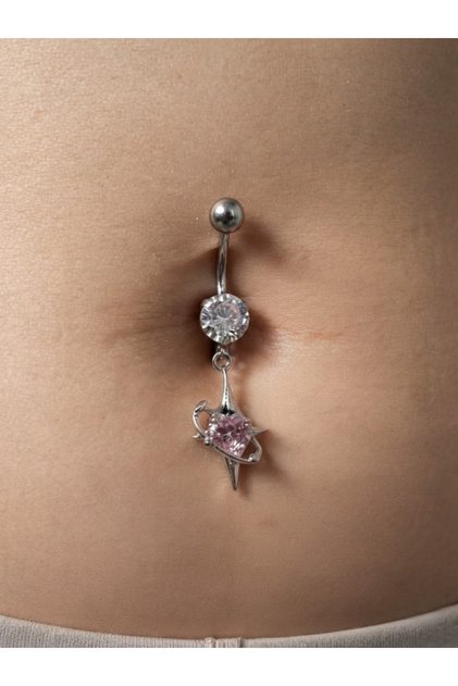 Pembe Gezegen Kalp Göbek Piercing Gümüş Renk