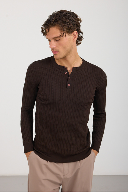 Men's Half Placket Buttoned High Collar Hair Braided Knitwear