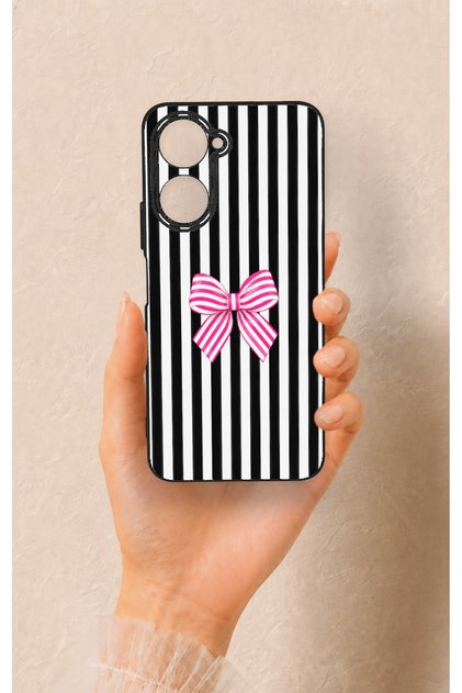 Vivo Y18 Compatible Pink and White Ribbon Patterned Silicone Case