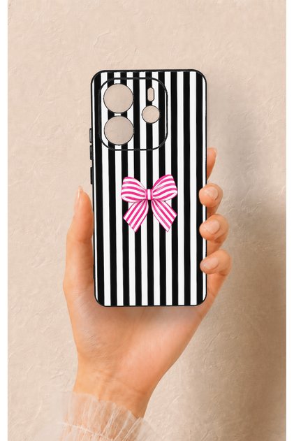 Redmi Note 14 4g Compatible Pink and White Ribbon Patterned Silicone Case