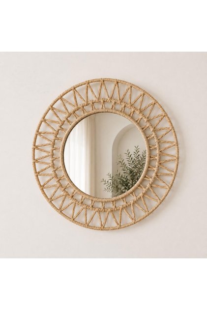 Hasır Örgü Çerçeveli Yuvarlak Ayna (40 cm) – Rustik Dekoratif Duvar Aynası