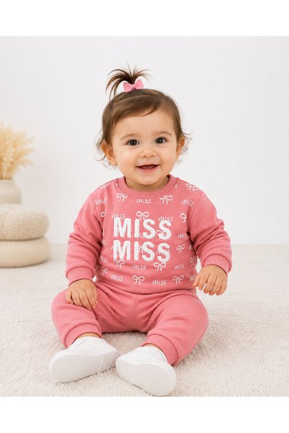 Ribbon Printed 100% Cotton Combed Cotton Baby Sweatshirt Pants 2-Piece Set