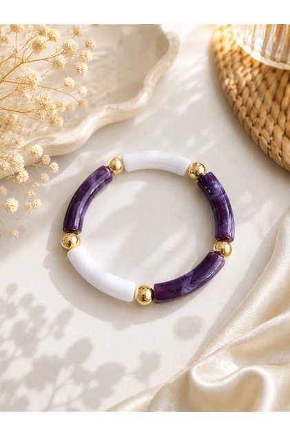 Women's Purple and White Gold Detailed Elastic Bracelet – Stylish and Trendy Design for Summer