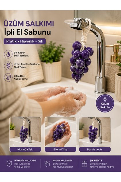 Üzüm Salkımı İpli El Sabunu – Musluğa Asılabilir Dekoratif ve Pratik El Yıkama Sabunu MOR