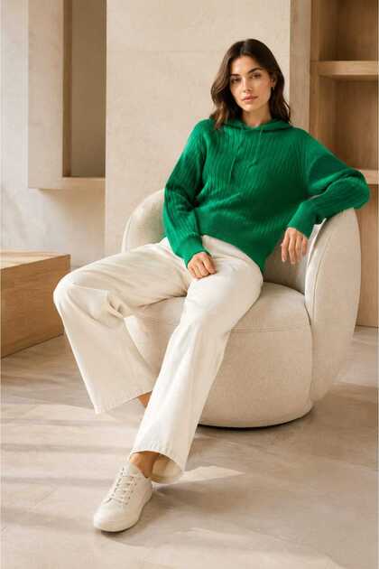 Soft Textured Hooded Lace-Up Knitwear Blouse - Vibrant Green