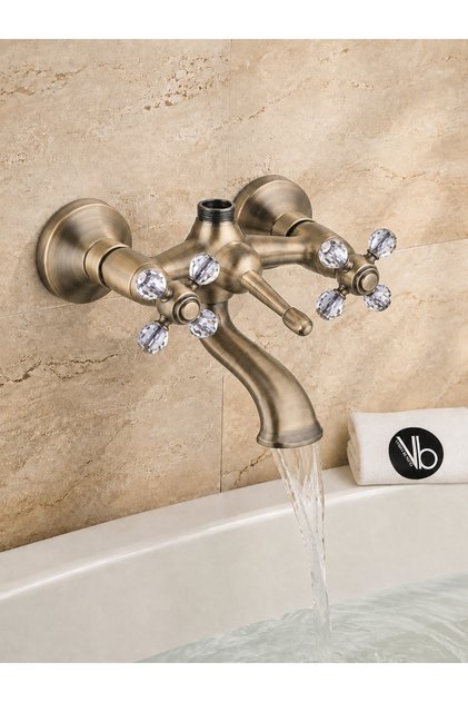 Koç Taşlı Series Bathroom Faucet Brushed Antique Brass Body Double Handle Wall Mounted with Shower Outlet