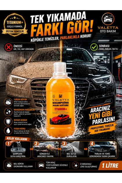 Valetta Titanium+ Oto Yıkama Şampuanı – Yoğun Köpüklü, Parlatıcı ve Koruyucu Araç Şampuanı