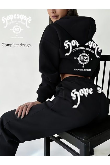 Unisex Men's Women's Hope House Back and Waist Printed Oversize 3 Thread Hooded Baggy Bottom Tracksuit Set