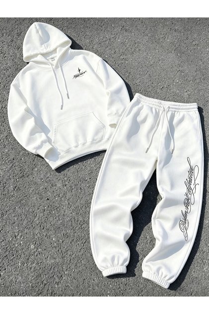 Unisex Men's Women's Gothic Letter Printed Oversize 3 Thread Hooded Hoodie and Jogger Bottom Sweatpants Set