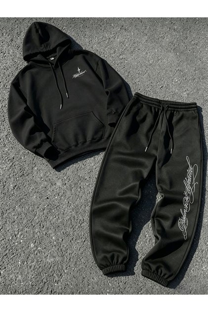 Unisex Men's Women's Gothic Letter Printed Oversize 3 Thread Hooded Hoodie and Jogger Bottom Sweatpants Set