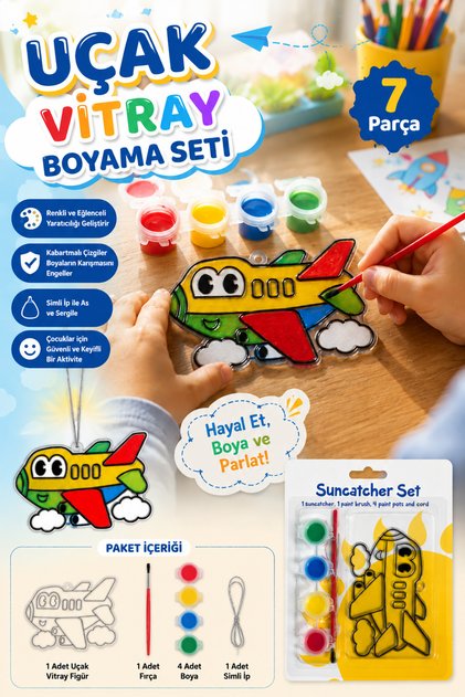 Uçak Vitray Boyama Seti 7x11cm 7 Parça Asılabilir Fırça Boya Şablon Set PC458
