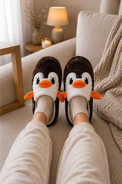 Kadın Peluş Penguen Figürlü Ev Terliği Sıcak Tutan Kışlık Panduf Terlik