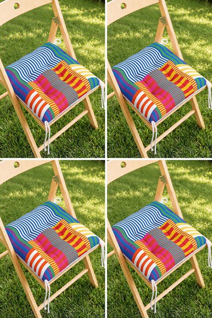 Renkli Patchwork ve Dalgalı Çizgi Desenli Mutfak Balkon Bahçe İçin 4'lü Pofidik Sandalye Minderi Set