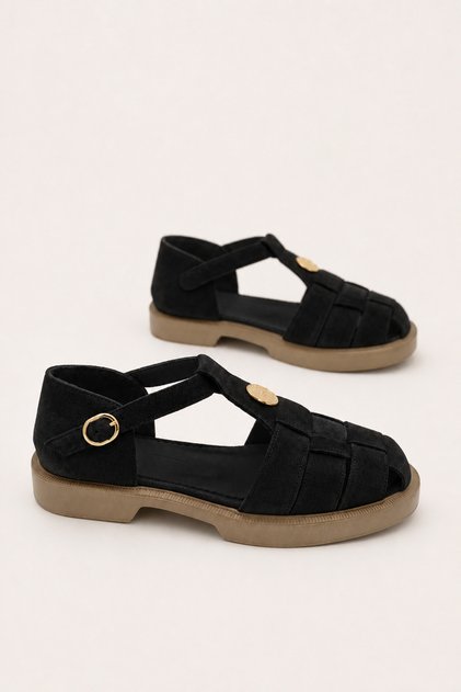 Lady Genuine Leather Women's Sandals Black Fisherman Model Mesh Detailed Ankle Strap Daily Comfortable