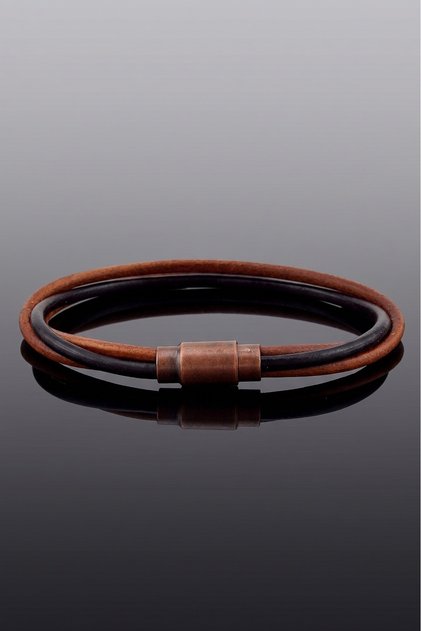 Tan Black Original Leather 3 Row Copper Color Magnetic Clip Men's Bracelet M069B