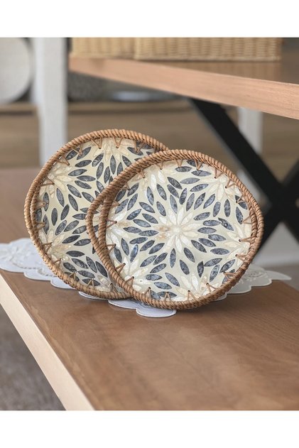 Rattan Yuvarlak Sedefli Tepsi - 2'li Set 23 cm ve 20 cm