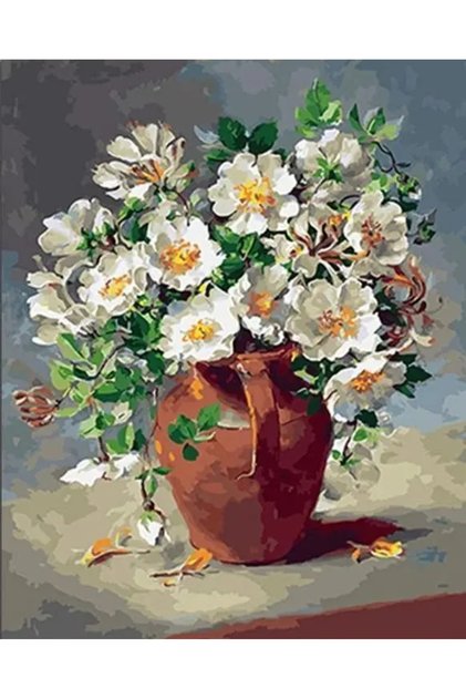 Pictură pe numere – Prospețime de la țară: Flori albe într-o ulcioră de lut – Pânză pe ramă de lemn 40×50 cm