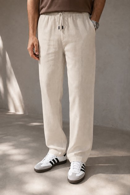 Men's Beige Linen Trousers with Waist Tie