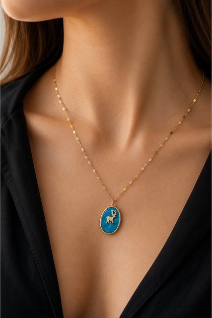 Turquoise Stone Look Gold Color Women's Necklace with Deer Figure – Oval Medallion Necklace