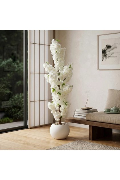 شجرة اصطناعية من مركز الحديقة التجارية، مقاس 25 × 25 × 160 سم، مع فروع شجرة اصطناعية وحاوية بلاستيكية بيضاء، لون أبيض