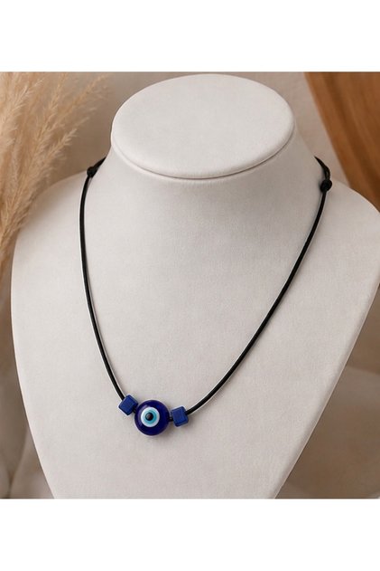 Çağla Şıkel Model Black String Necklace with Evil Eye Beads 45 cm – Blue Evil Eye Bead