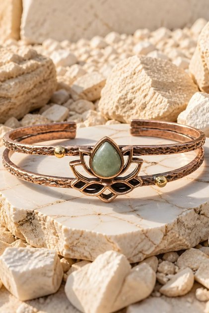 Aventurine Natural Stone Pure Copper Lotus Flower Bracelet – Special Design Adjustable