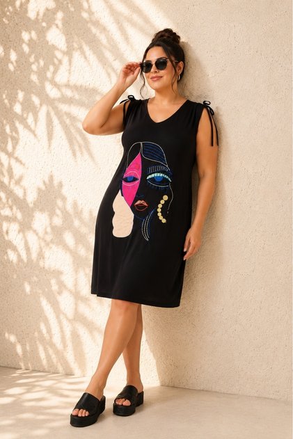 Women's Black Plus Size Face Embroidery Shoulder Ribbon Tie Front Back V-Neck Sleeveless Stretchy Viscose Midi Dress