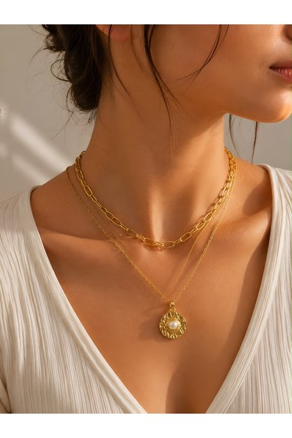 Women's Gold Color Steel Multi Chain Pearl Medallion Necklace