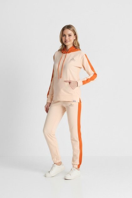 Women's Yavru Ağzı Two-Thread Comfortable Hooded Striped Tracksuit Set - 77755