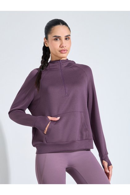 Purple Solid Half-Zip Active Hoodie with Thumbholes
