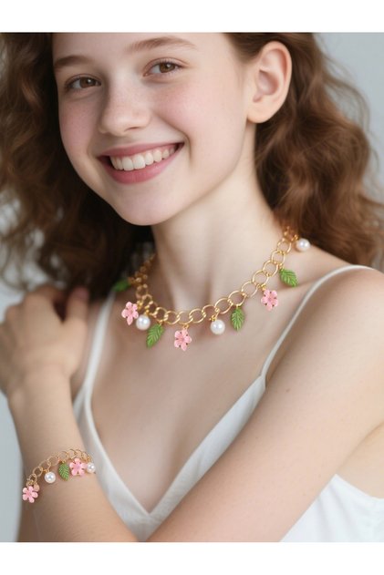 Girls Gold-Tone Flower and Pearl Charm Link Necklace and Bracelet Set