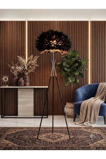 Modern Siyah Tüy Başlıklı Üç Ayaklı Tripod Lambader Salon Yatak Odası Abajur Köşe Lambası