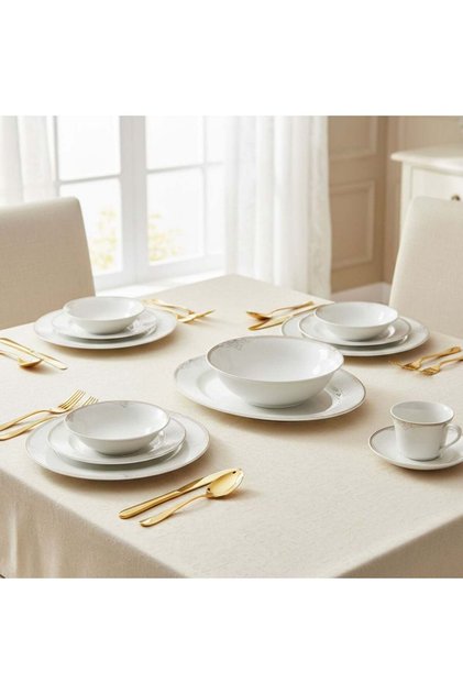 Asma 32 Piece New Bone China Dinner Set For 6 Persons – White With Gold Rim, Tableware For