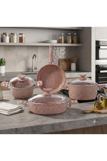 , Alfa 7 Piece Swiss Stone Granite Cookware Set, Pink, Forged Aluminium, Cookware Sets