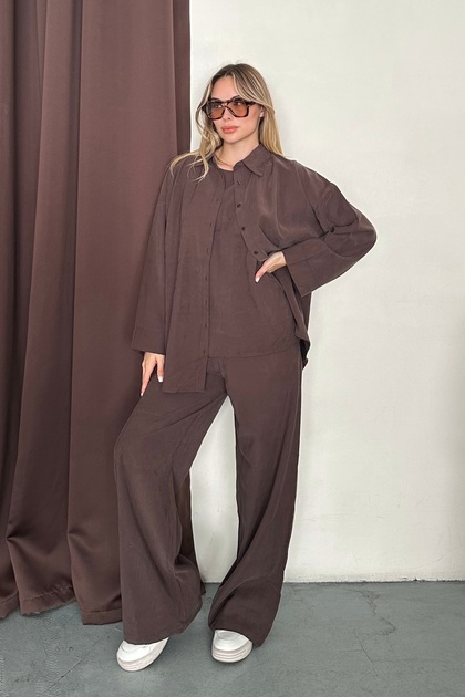 Women's Brown Soft Textured Shirt Blouse Palazzo Trousers Triple Woven Set